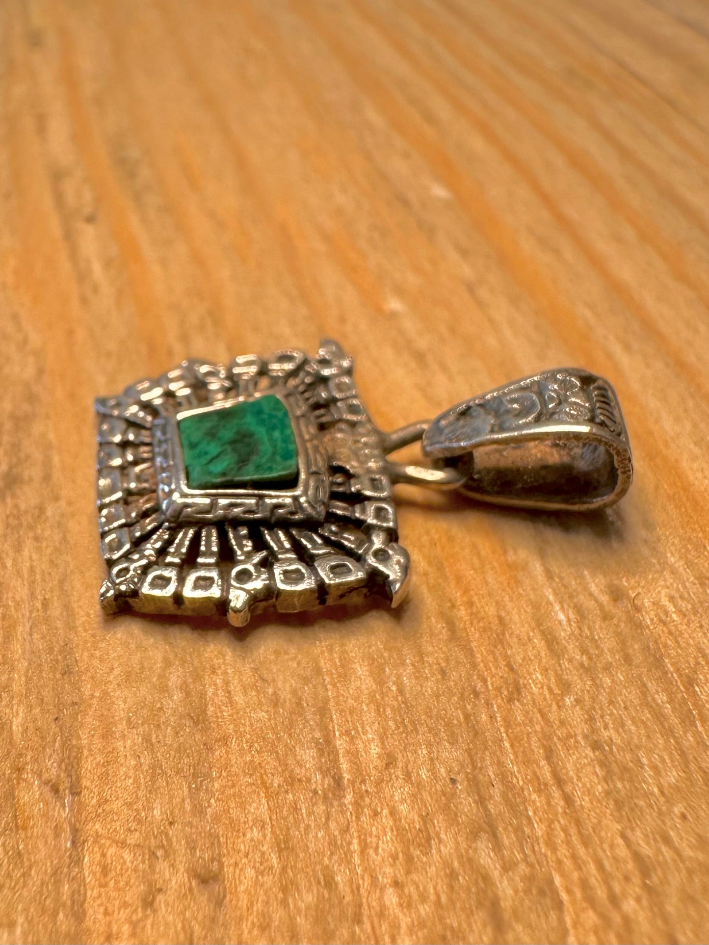 Vintage Aztec Style Turquoise Green 925 Sterling Silver Pendant