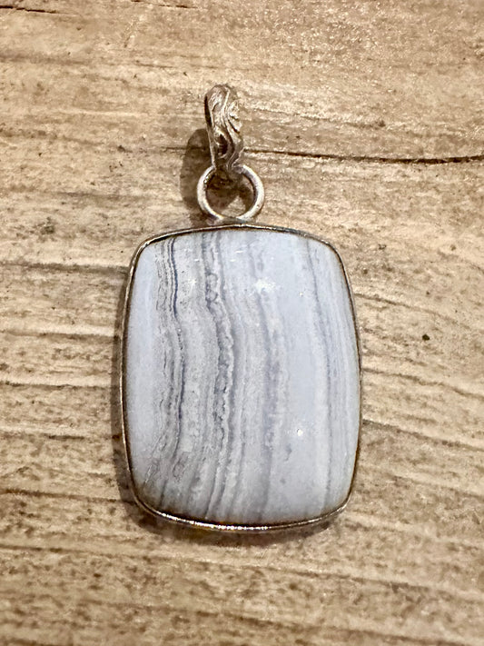 Vintage Lace Agate Rectangle 925 Silver Pendant