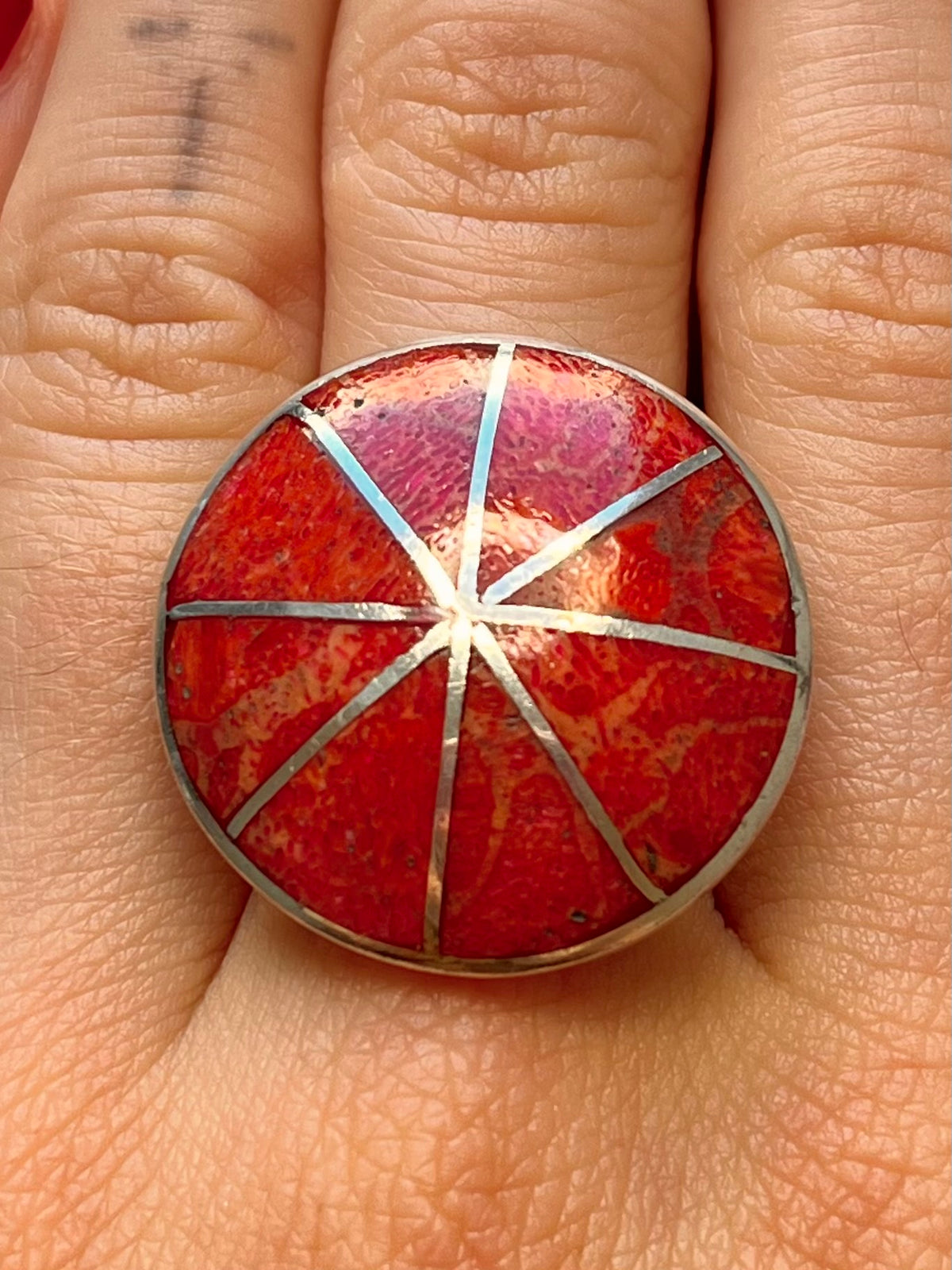 Circular Coral 925 Sterling Silver Size Q Adjustable Ring