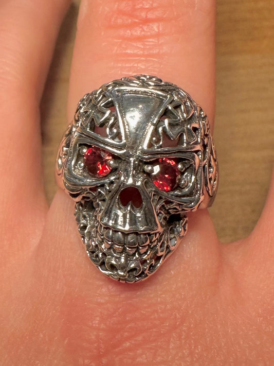 Vintage Red Stone Skull Filigree 925 Silver Size T Ring
