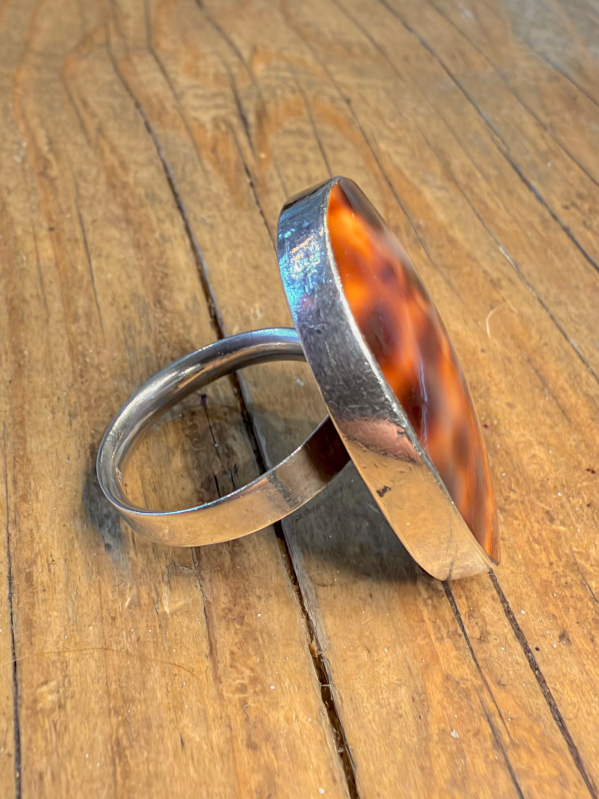 Large Oval Brown Conch Shell 925 Sterling Silver Size U Adjustable Ring