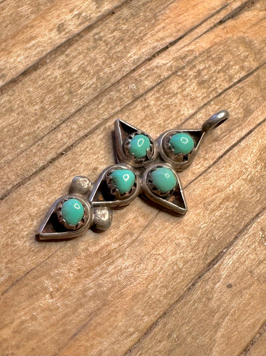 Vintage Navajo Turquoise Cross 925 Sterling Silver Pendant