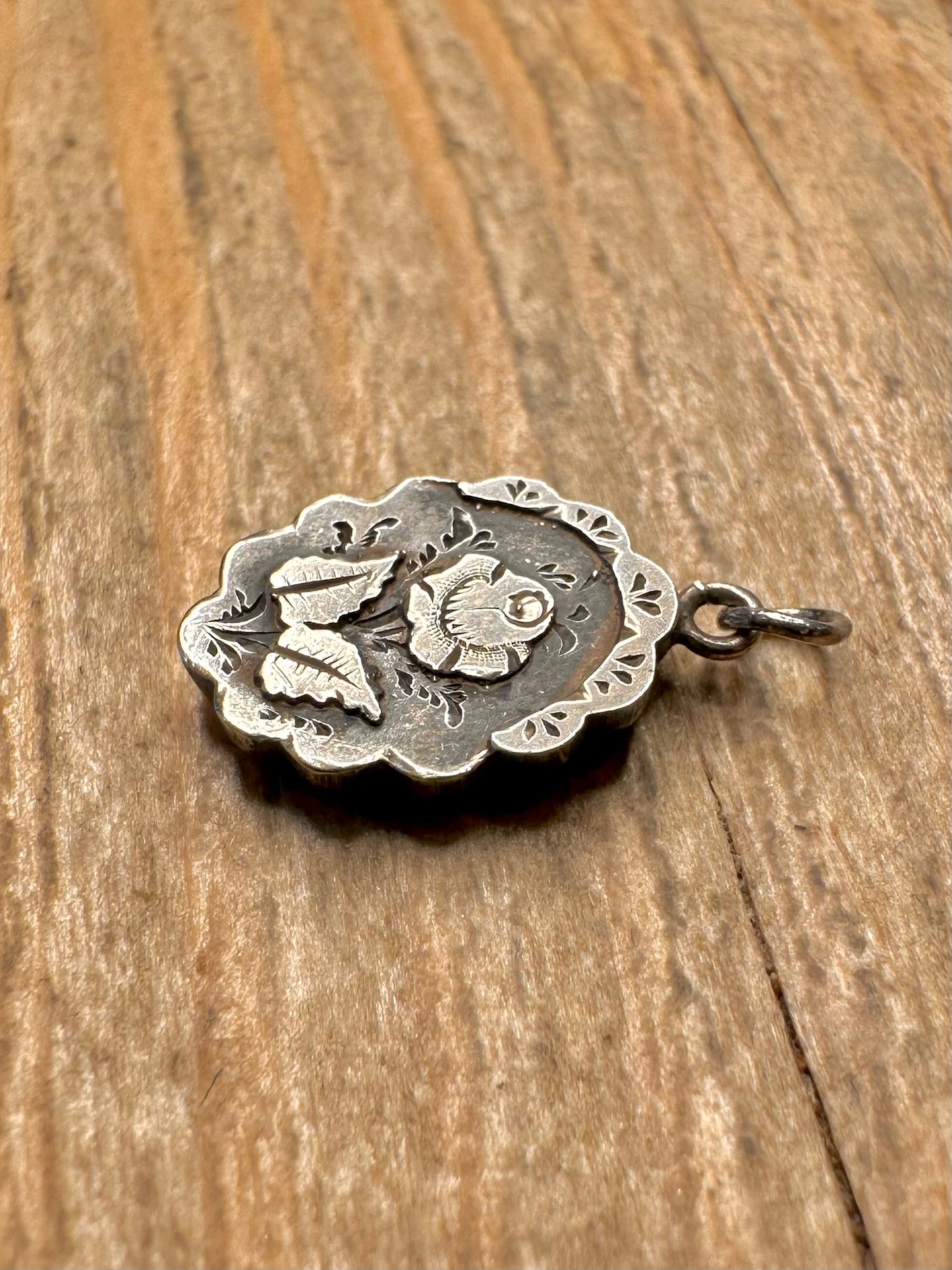 Antique 1896 Rose Engraved 925 Sterling Silver Pendant