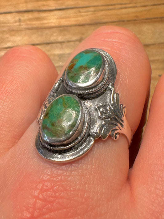 Vintage Navajo Green Turquoise 925 Sterling Silver Size T Ring