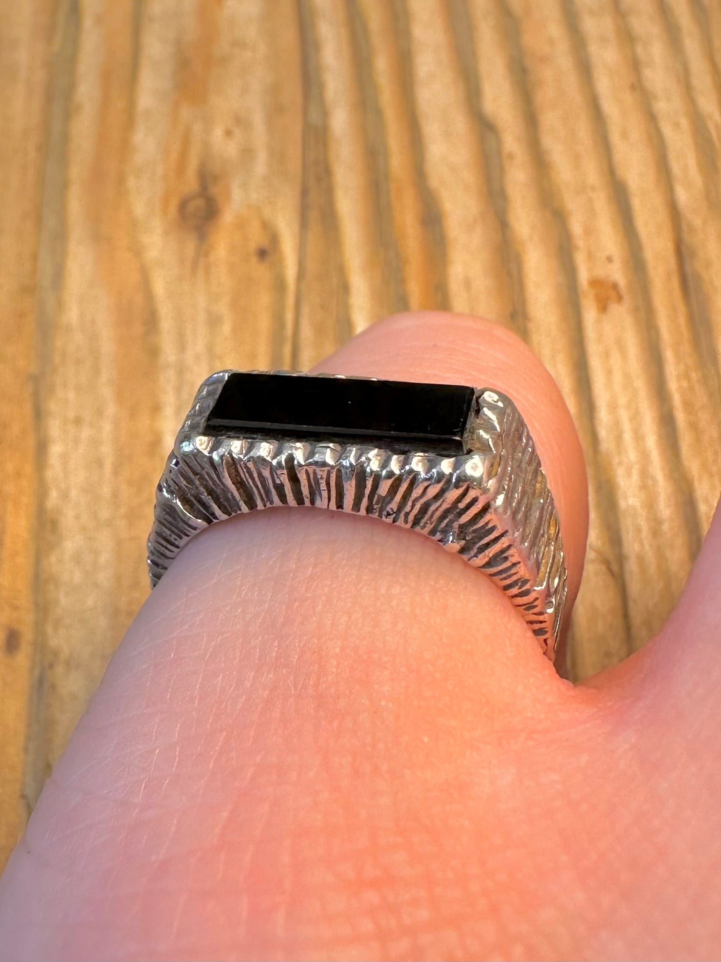 Onyx Bark Effect 925 Sterling Silver Size O1/2 Ring