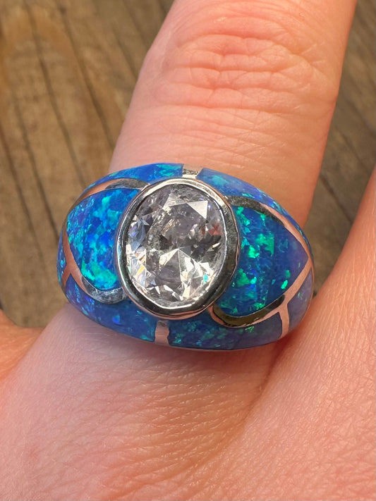 Modern Blue Opal Inlay White CZ Dome 925 Sterling Silver Size R Ring