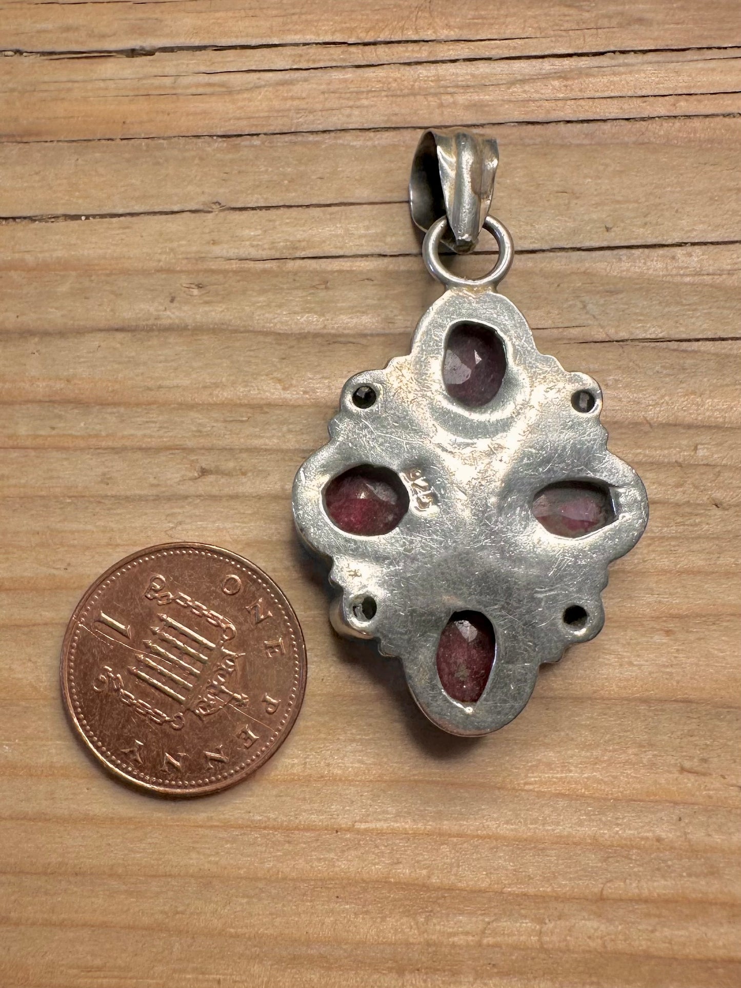 Vintage Ruby Faceted and Blue Stone 925 Sterling Silver Pendant