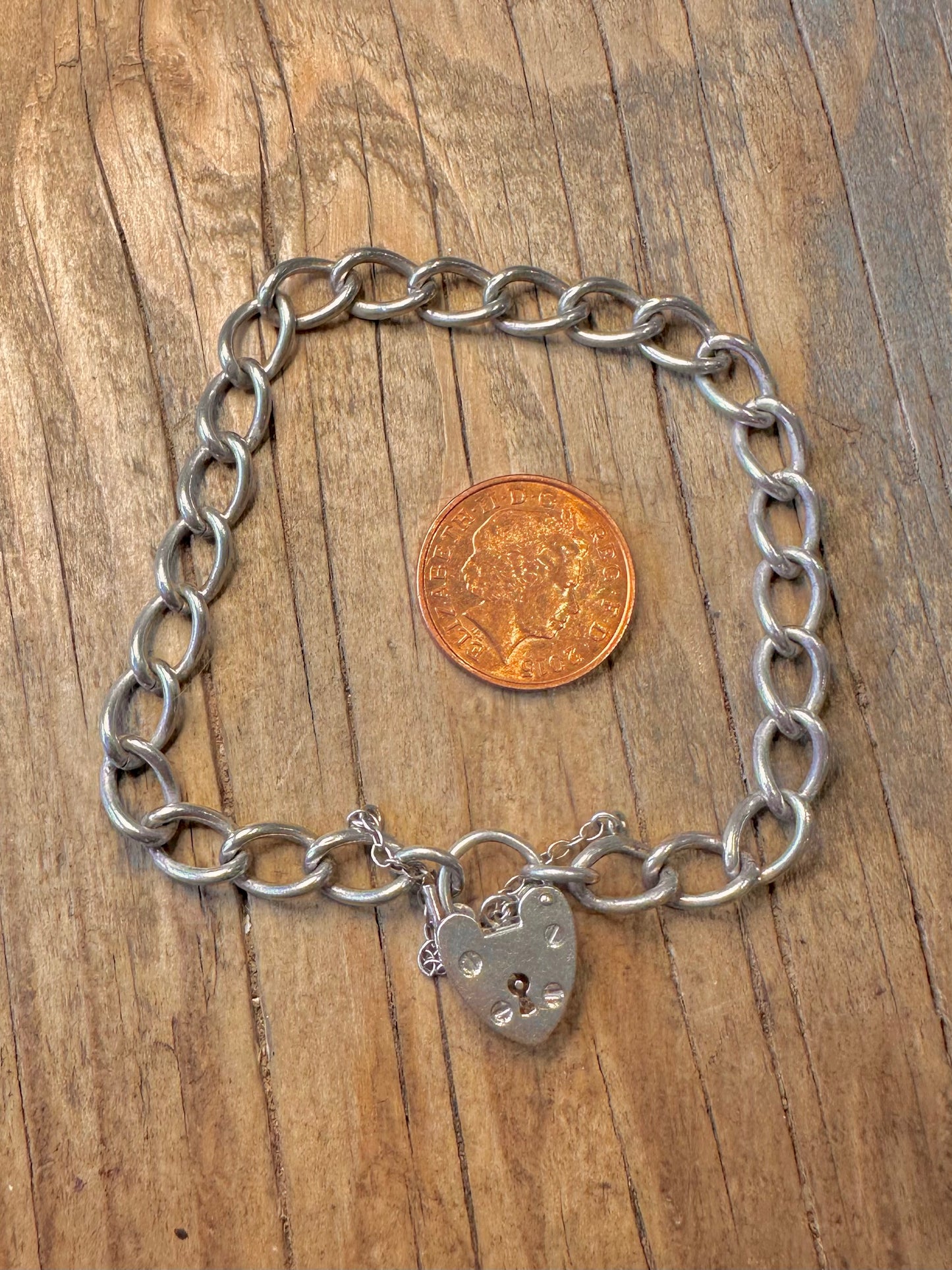 Herz-Vorhängeschloss 1975 Panzerkette mit Sicherheitskette 925 Sterling Silber 17,78 cm Armband