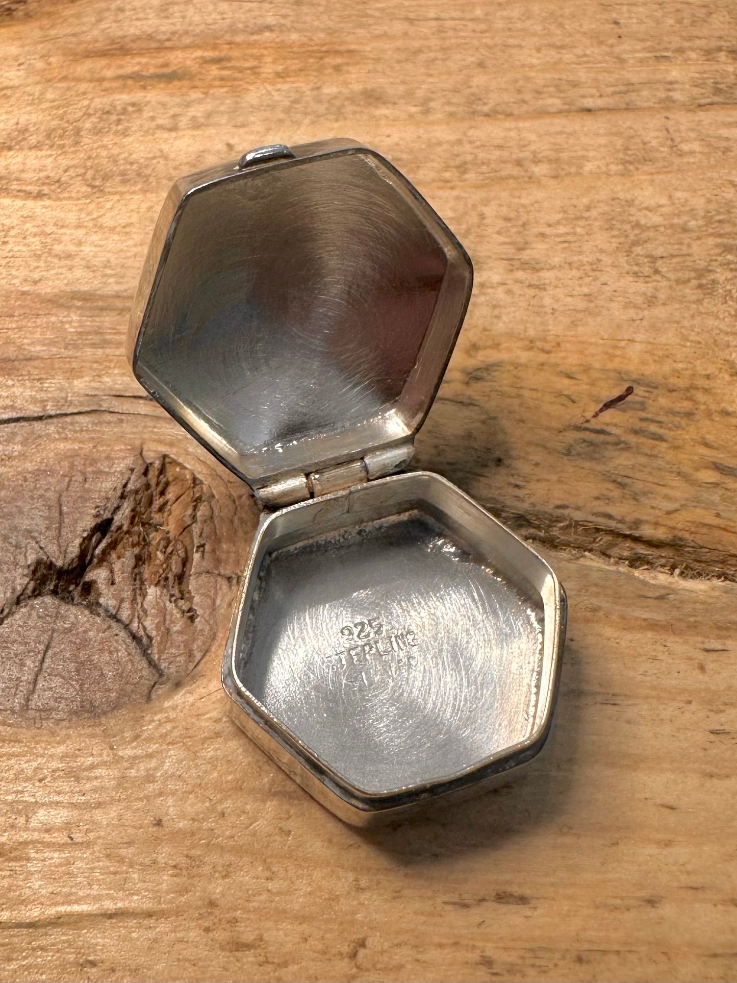 Vintage Engraved Hexagon Engraved Pill Box 925 Silver Collectable