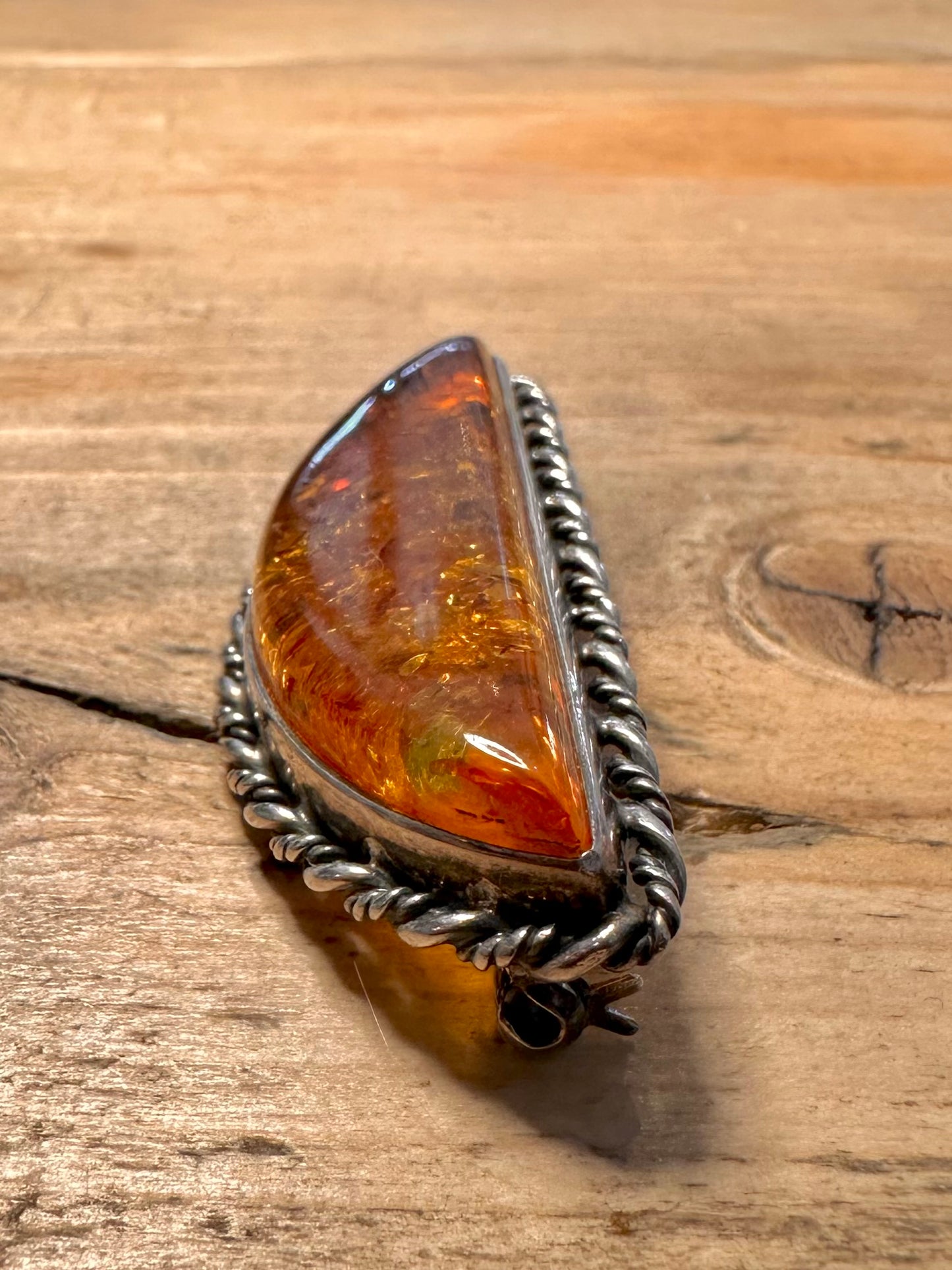 Vintage Embossed Amber 925 Silver Brooch