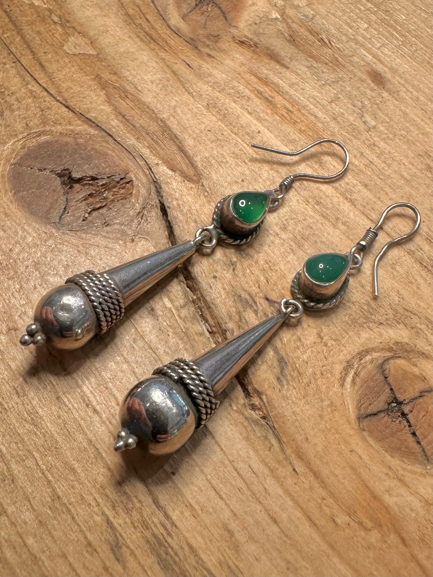 Vintage Chrysoprase Boho Dangle 925 Silver Earrings