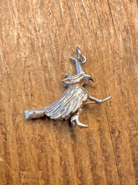Witch on Broomstick 925 Sterling Silver Pendant
