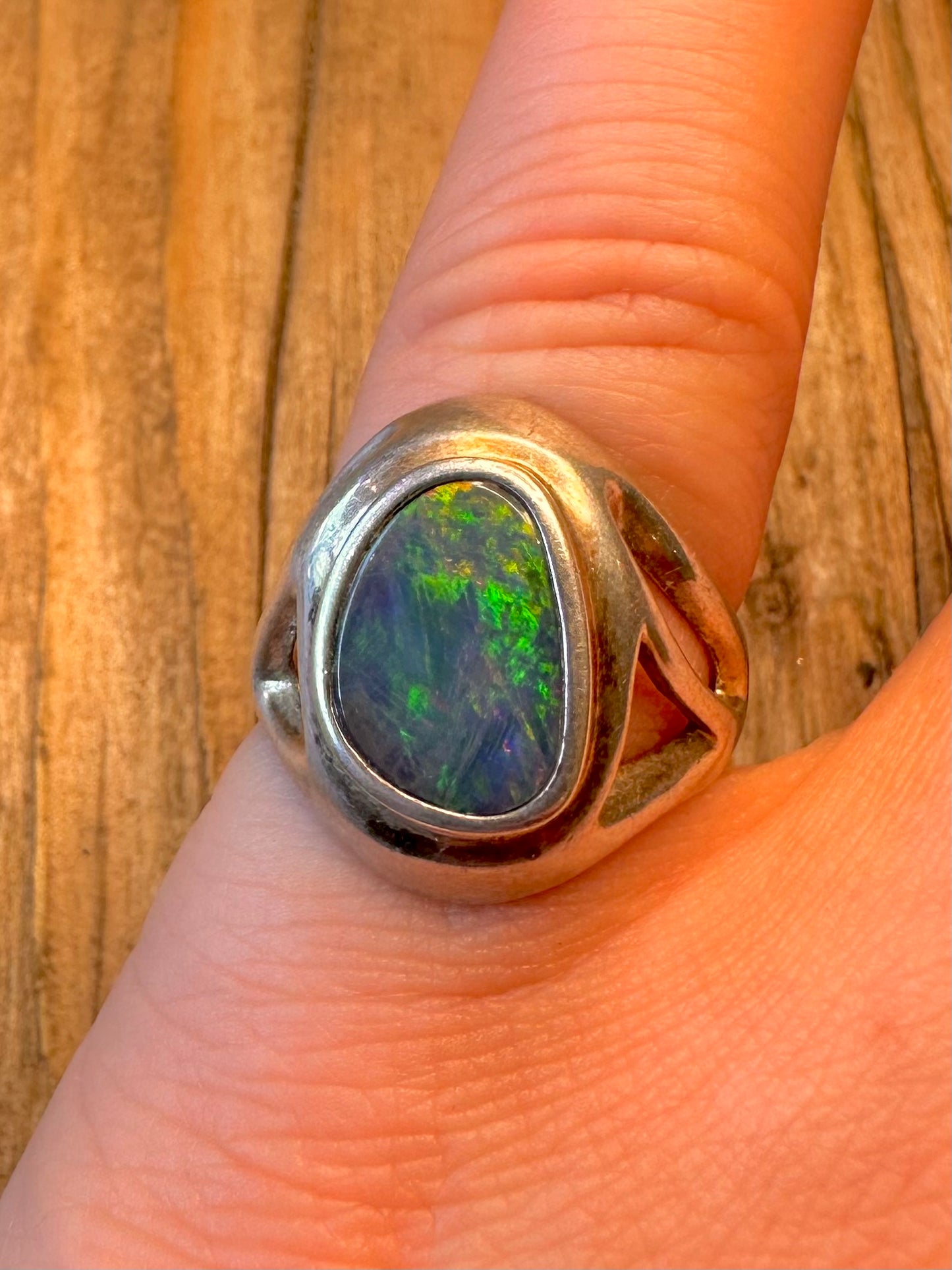 Blue Australian Opal Doublet 925 Sterling Silver Size O Ring
