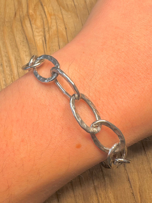 Abstract Hammered Oval Link Dyadema Italy 925 Sterling Silver 7 to 8 inch Bracelet