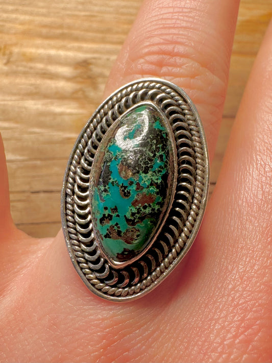 Vintage Turquoise Rope Border Design 925 Sterling Silver Size P1/2 Ring
