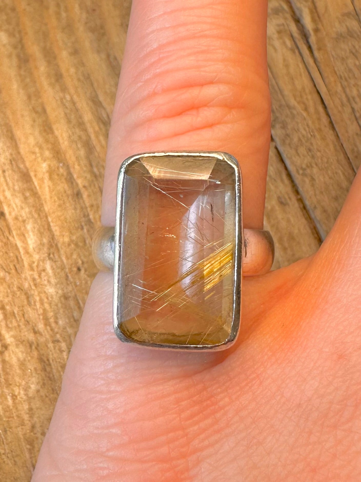 Golden Rutilated Quarts Rectangle 925 Sterling Silver Size M1/2 Ring