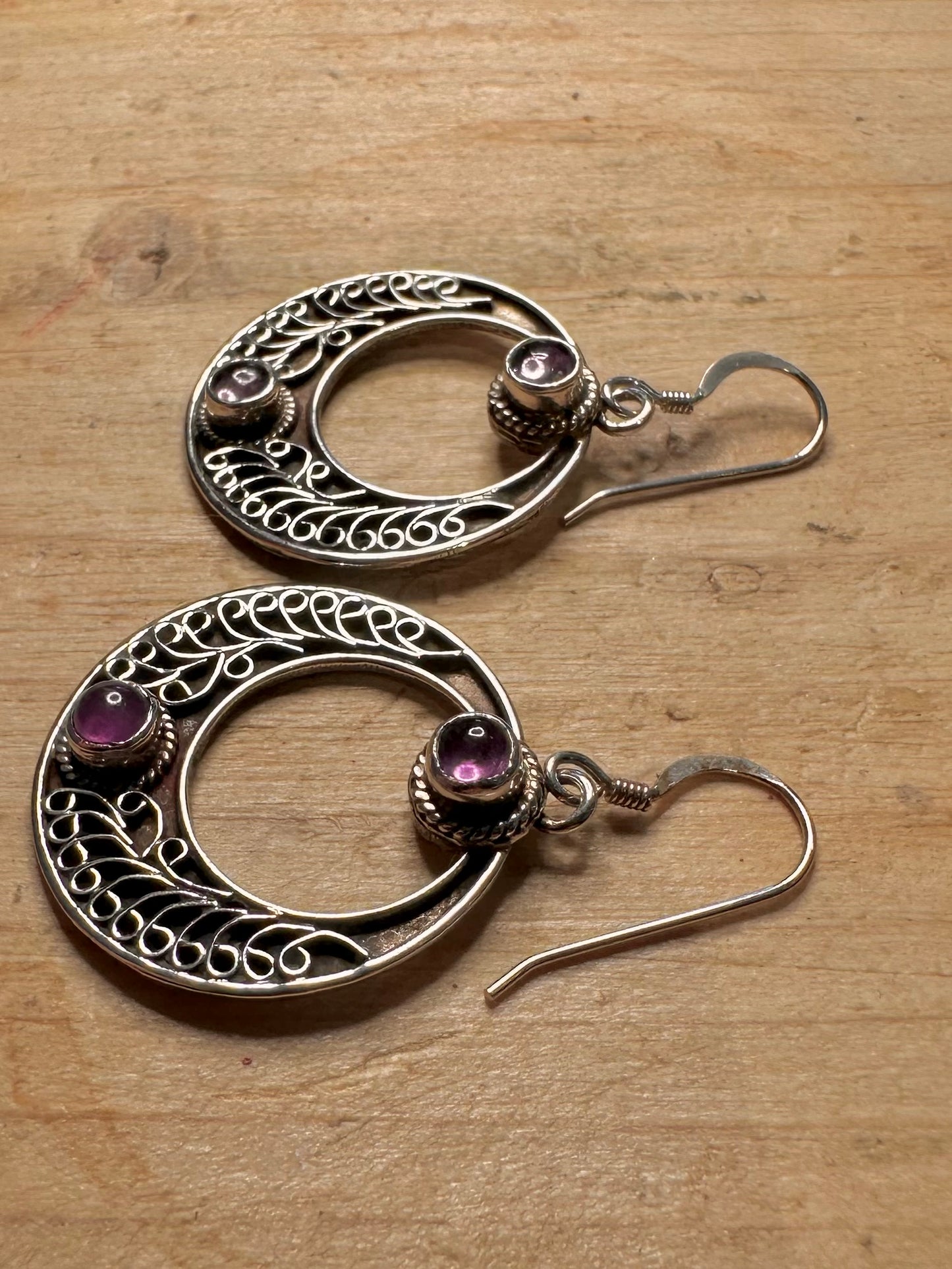 Vintage Amethyst Boho Style Circle 925 Silver Earrings