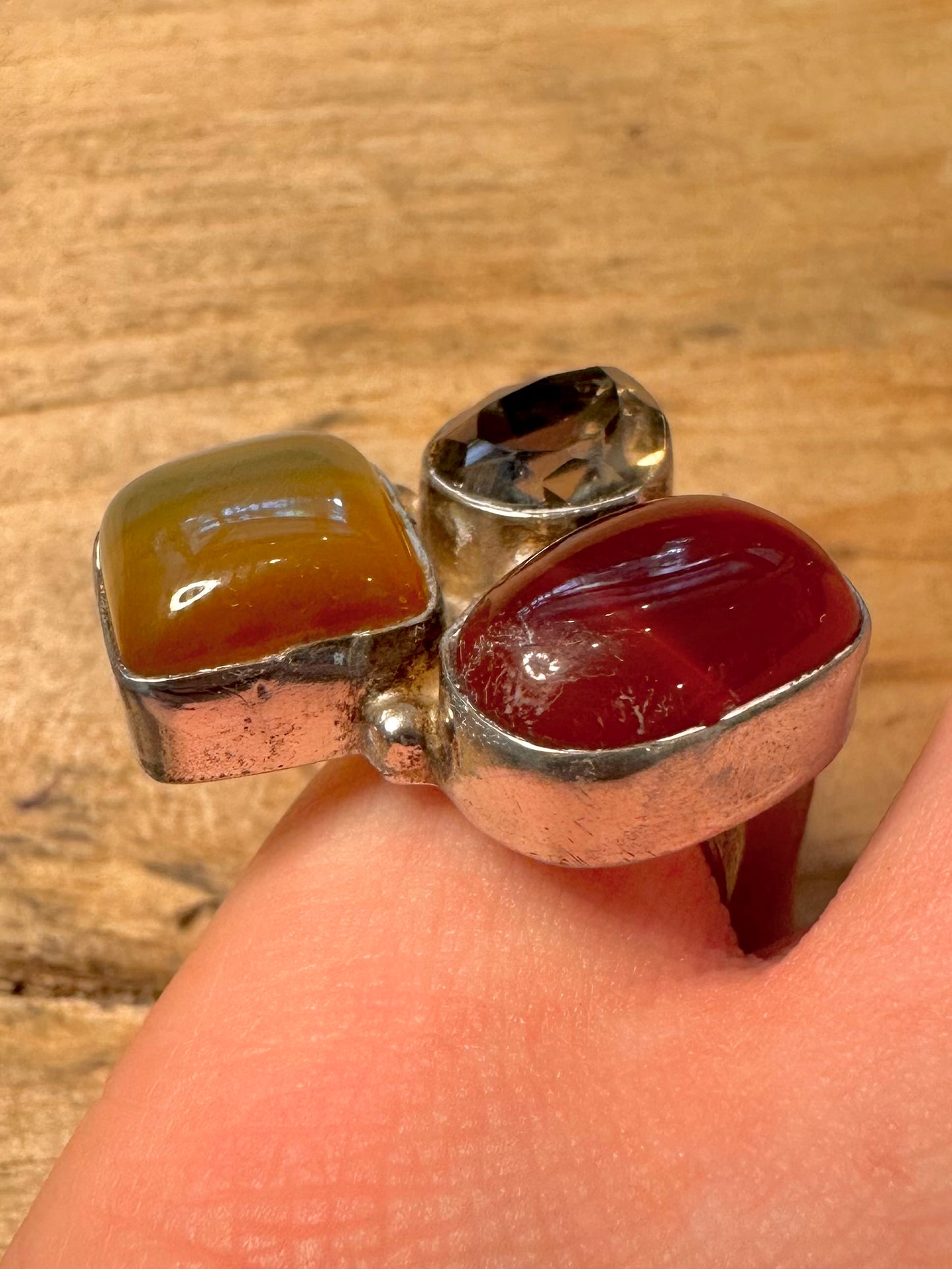 Abstract Carnelian Smokey Quarts and Banded Agate 925 Silver Size M1/2 Ring