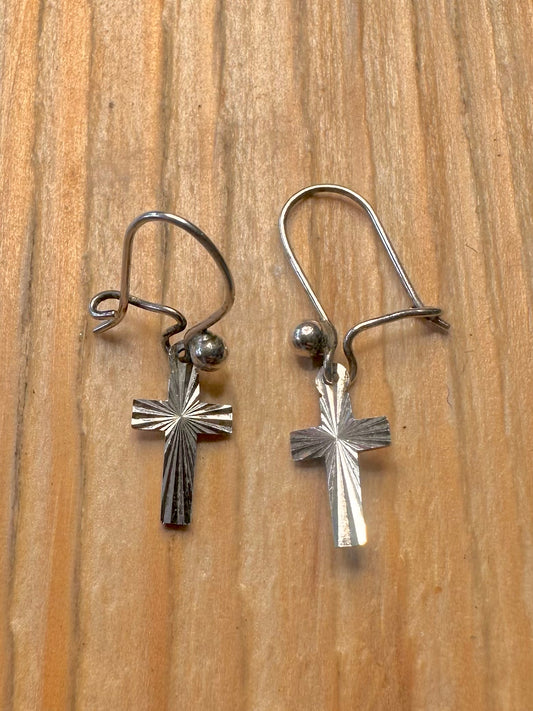 Vintage Engraved Cross 925 Sterling Silver Earrings
