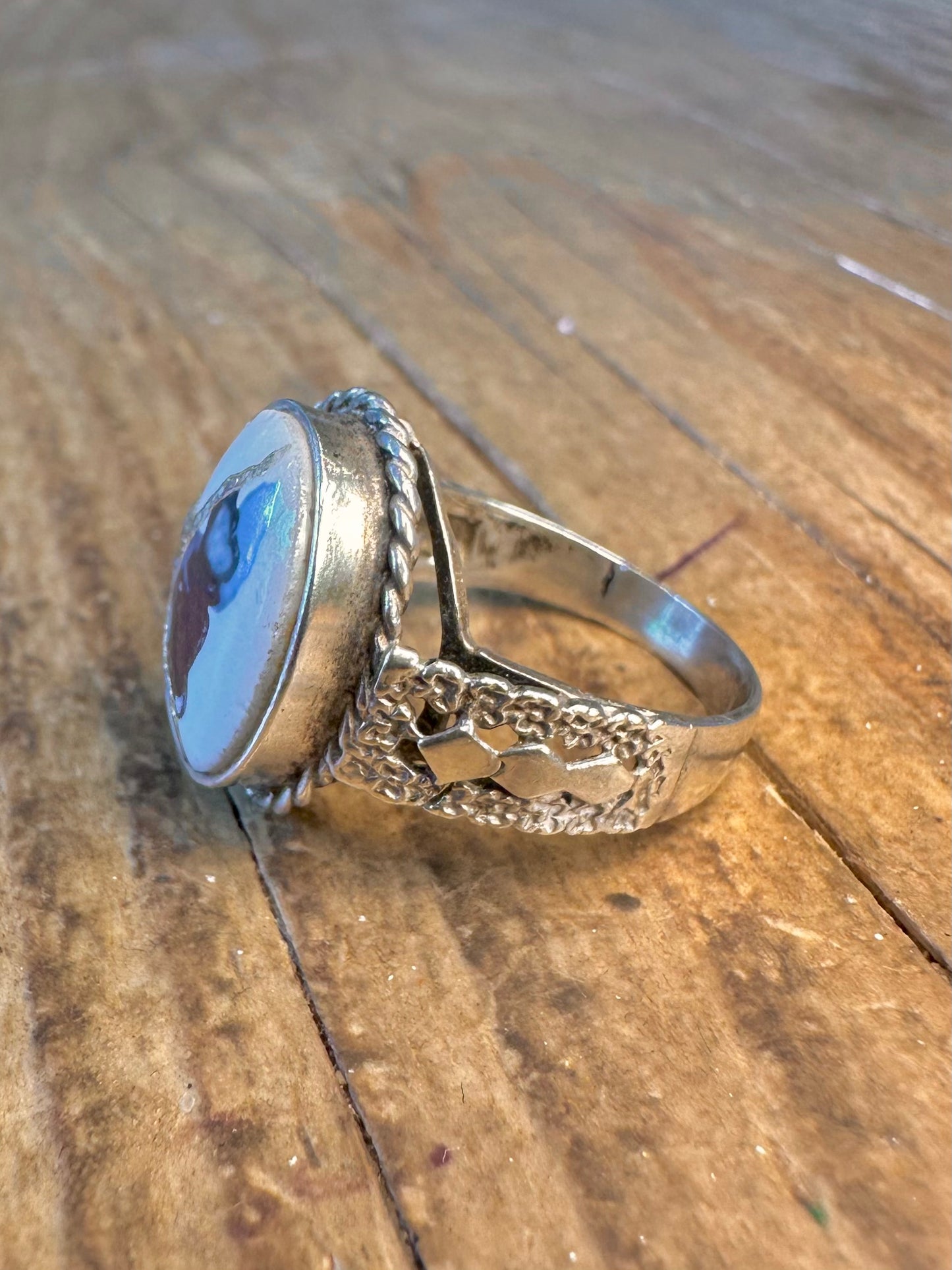 White Agate Multi Coloured 1992 Textured 925 Sterling Silver Size M Ring