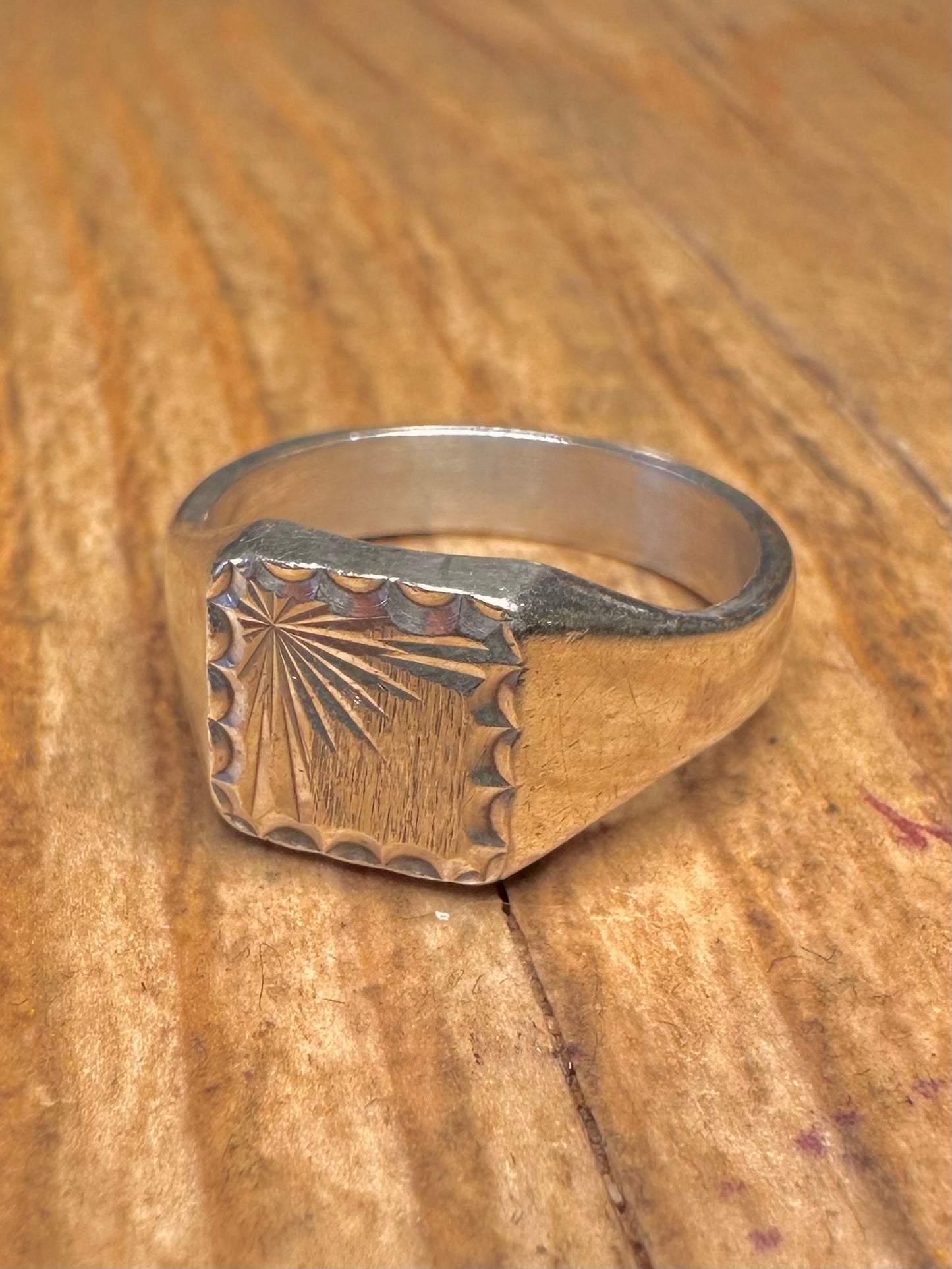 Vintage Square Star Burst Signet 925 Sterling Silver Size M Ring