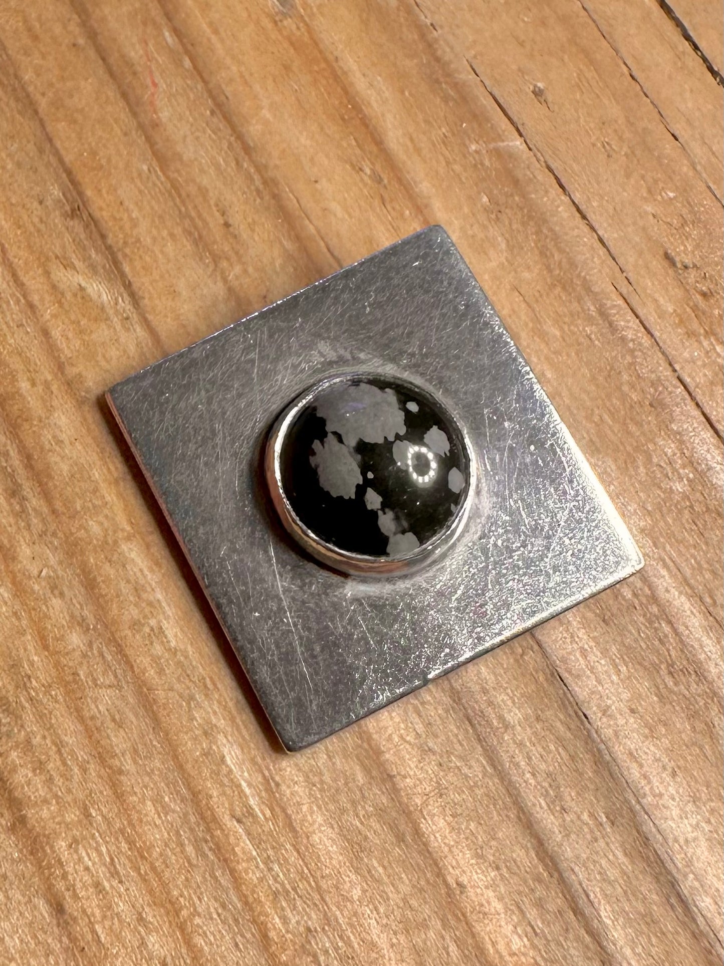 Abstract Square Snowflake Obsidian 925 Sterling Silver Pendant