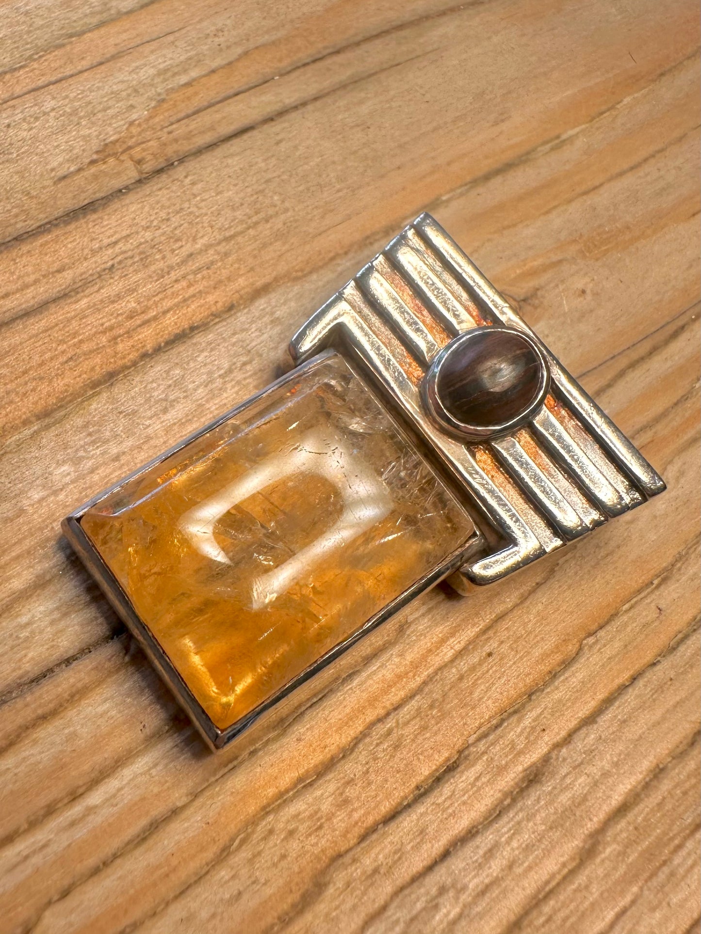 Abstract Citrine and Banded Agate 925 Sterling Silver Pendant