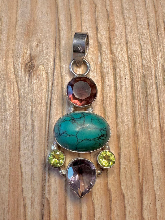 Vintage Gemstones and Turquoise 925 Sterling Silver Pendant