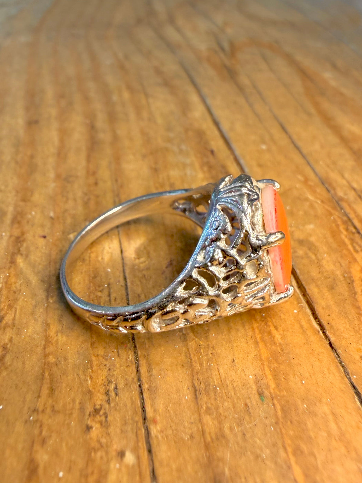 Peach Mother of Pearl Filigree 925 Sterling Silver Size Q Ring