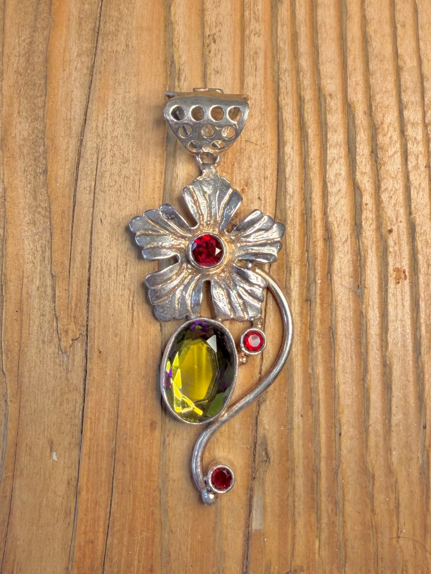 Large Flower Red and Green Stone 925 Sterling Silver Pendant