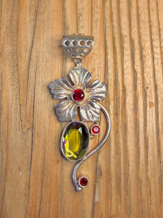 Large Flower Red and Green Stone 925 Sterling Silver Pendant