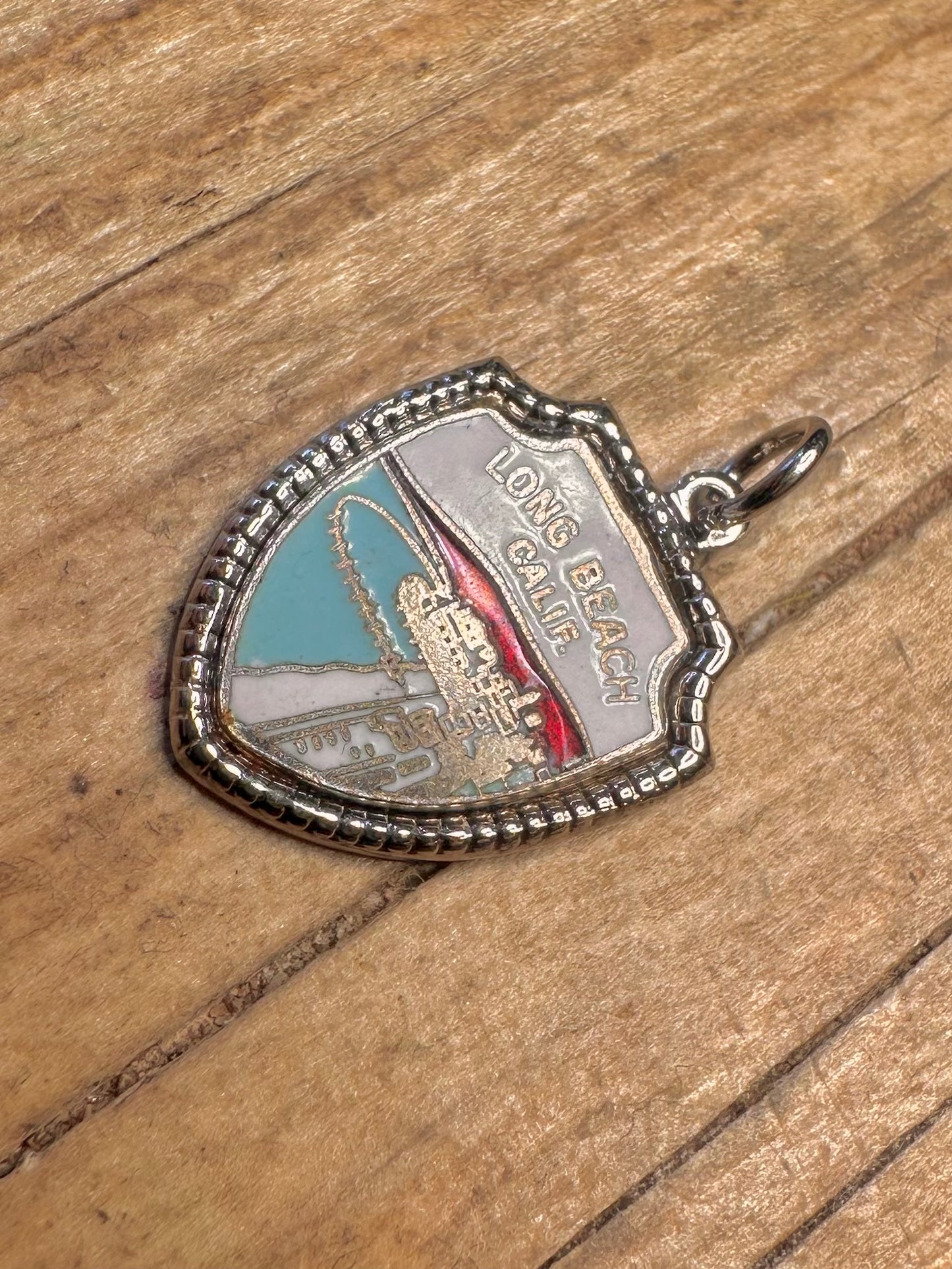 Vintage Enamel Long Beach Calif Shield 925 Sterling Silver Charm Pendant