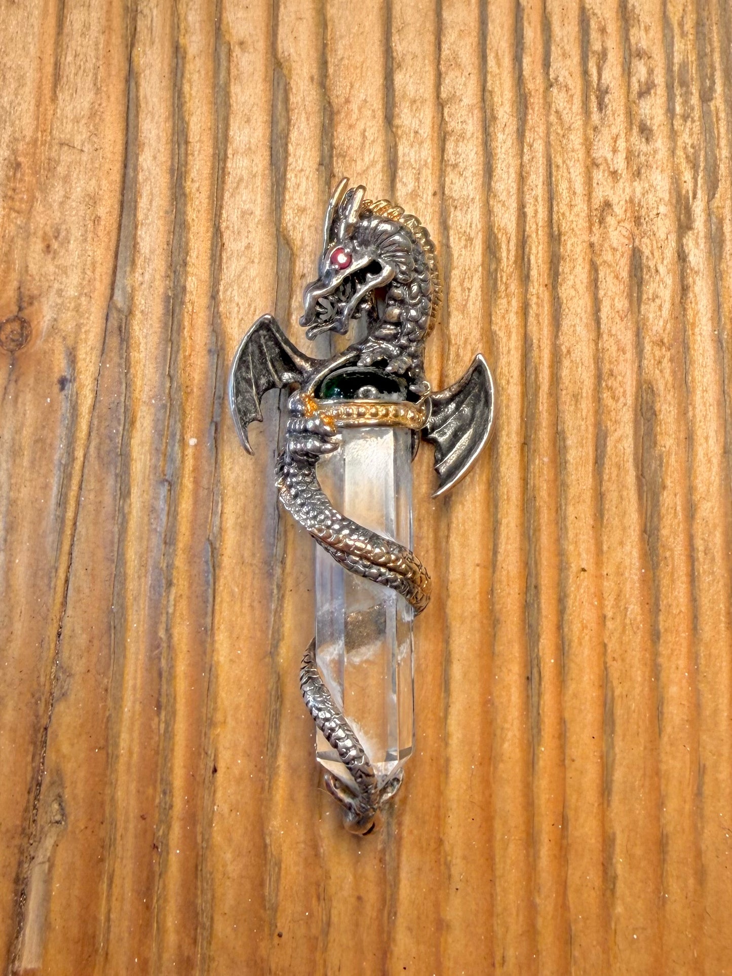 Dragon Coiled Around Clear Quarts 925 Sterling Silver Pendant