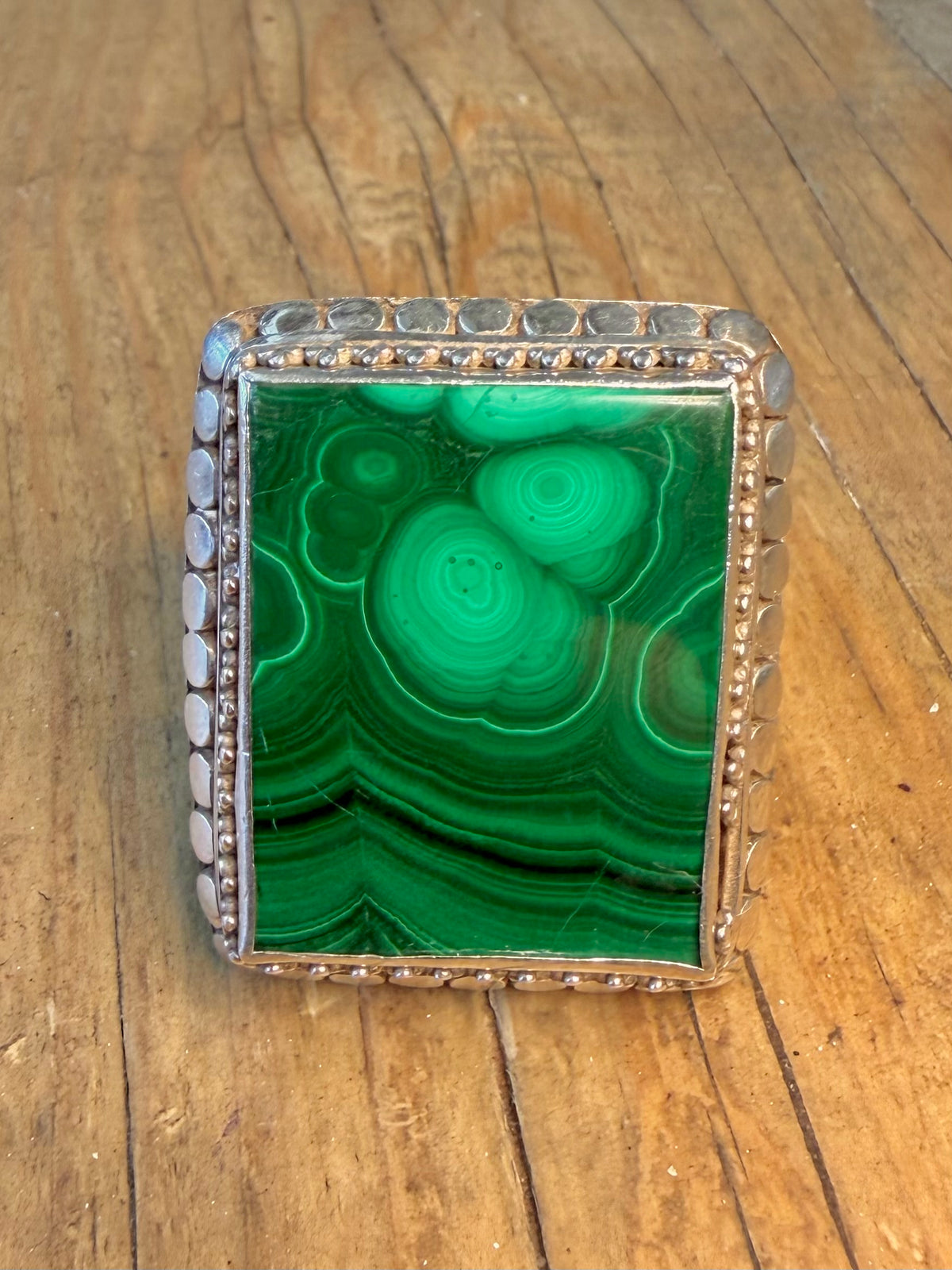 Large Rectangle Malachite Boho Border 925 Sterling Silver Size T1/2 Ring