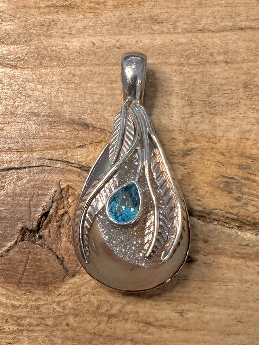 Abstract Druzy Blue Topaz Leaf 925 Silver Pendant