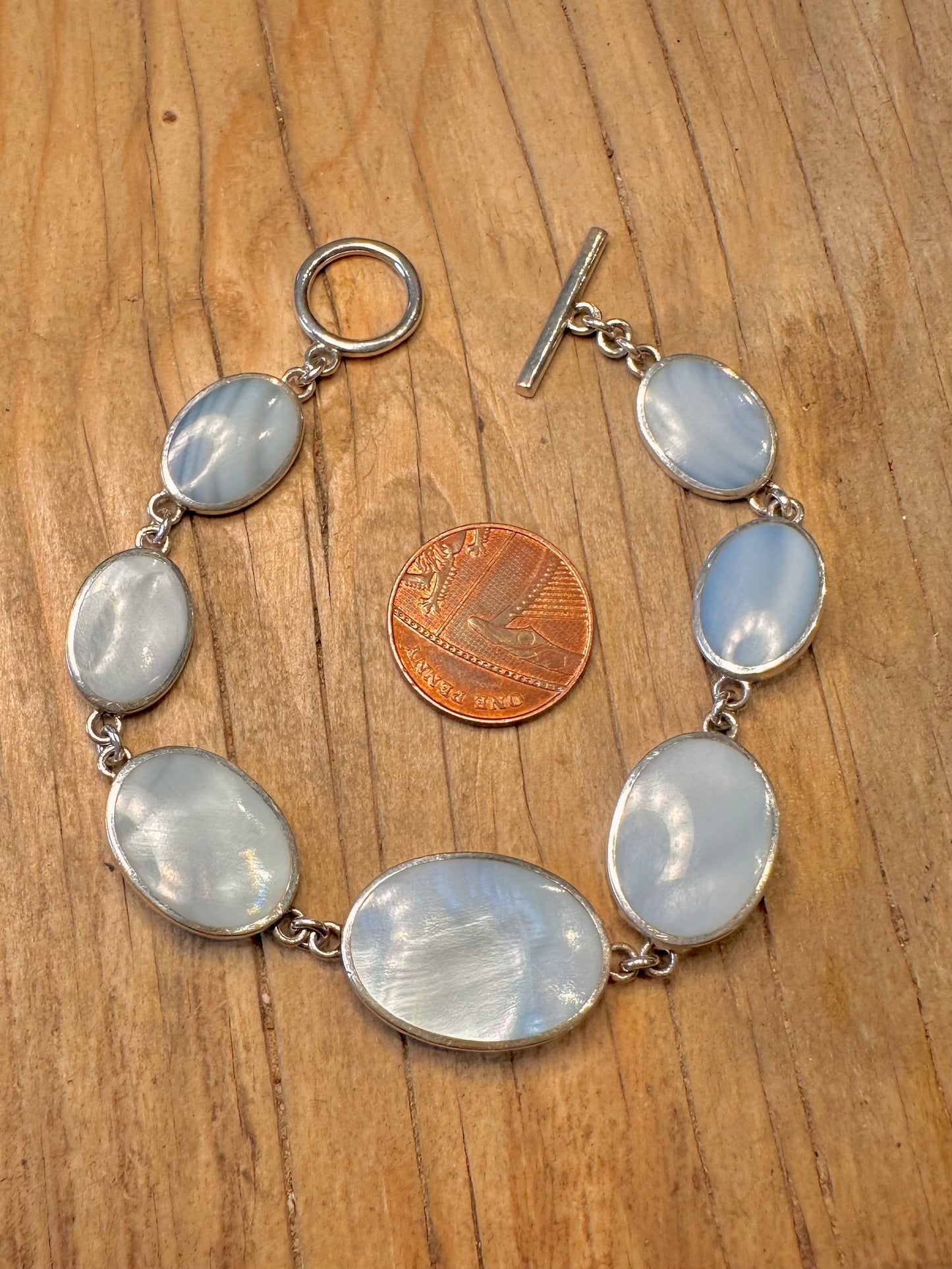 Modernist blau Perlmutt Oval T-Bar 925 Sterling Silber 7,5 Zoll Armband