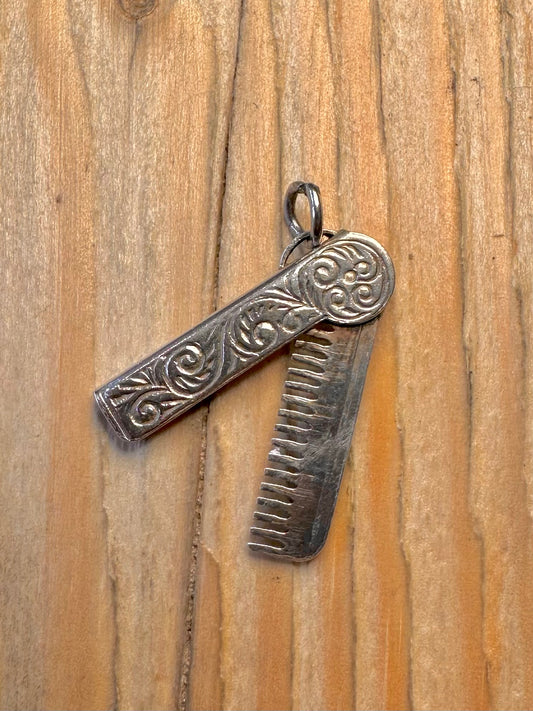 Vintage Engraved Folding Comb 925 Sterling Silver Charm Pendant