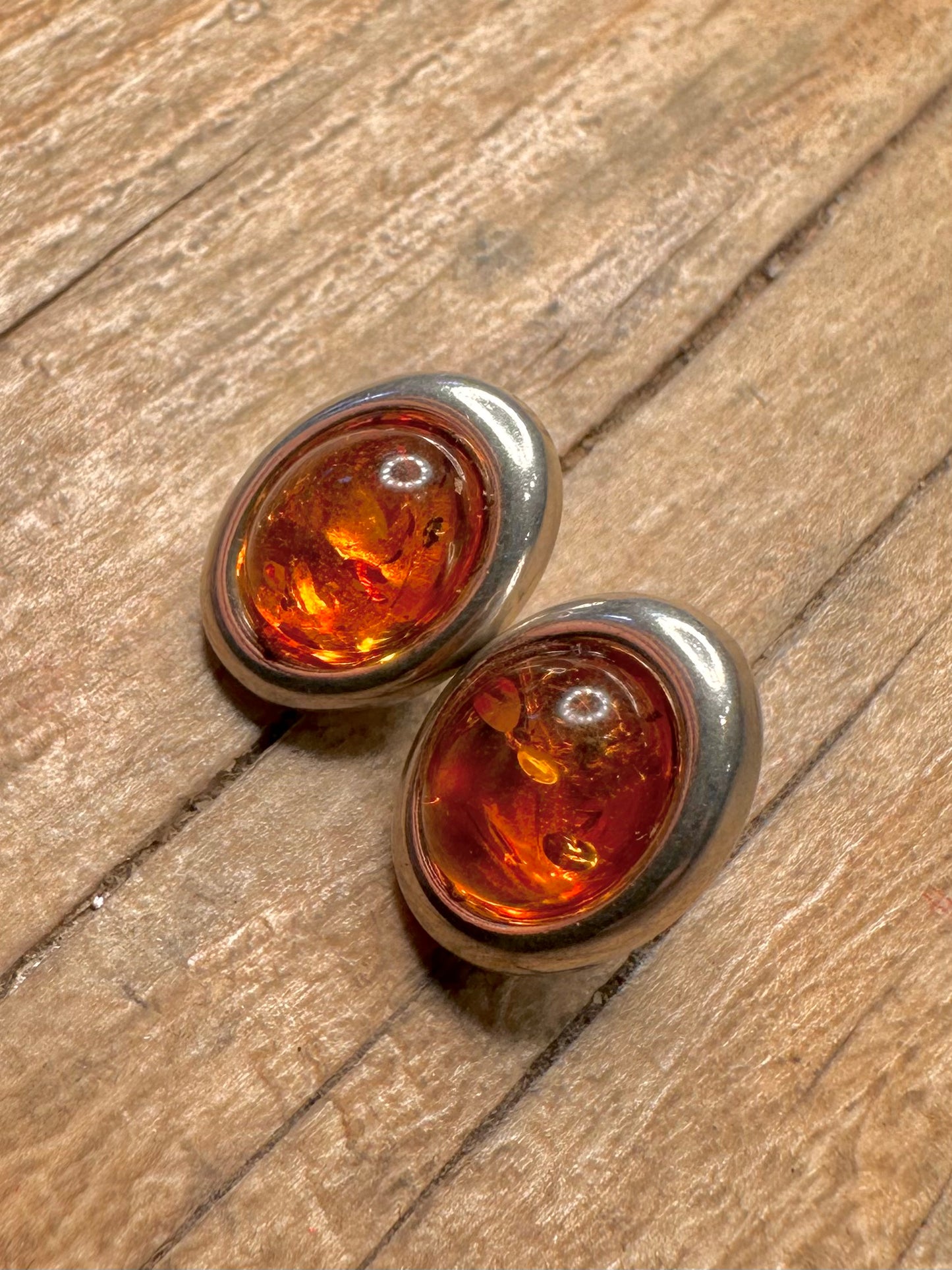 Vintage Amber Oval Stud 925 Sterling Silver Earrings