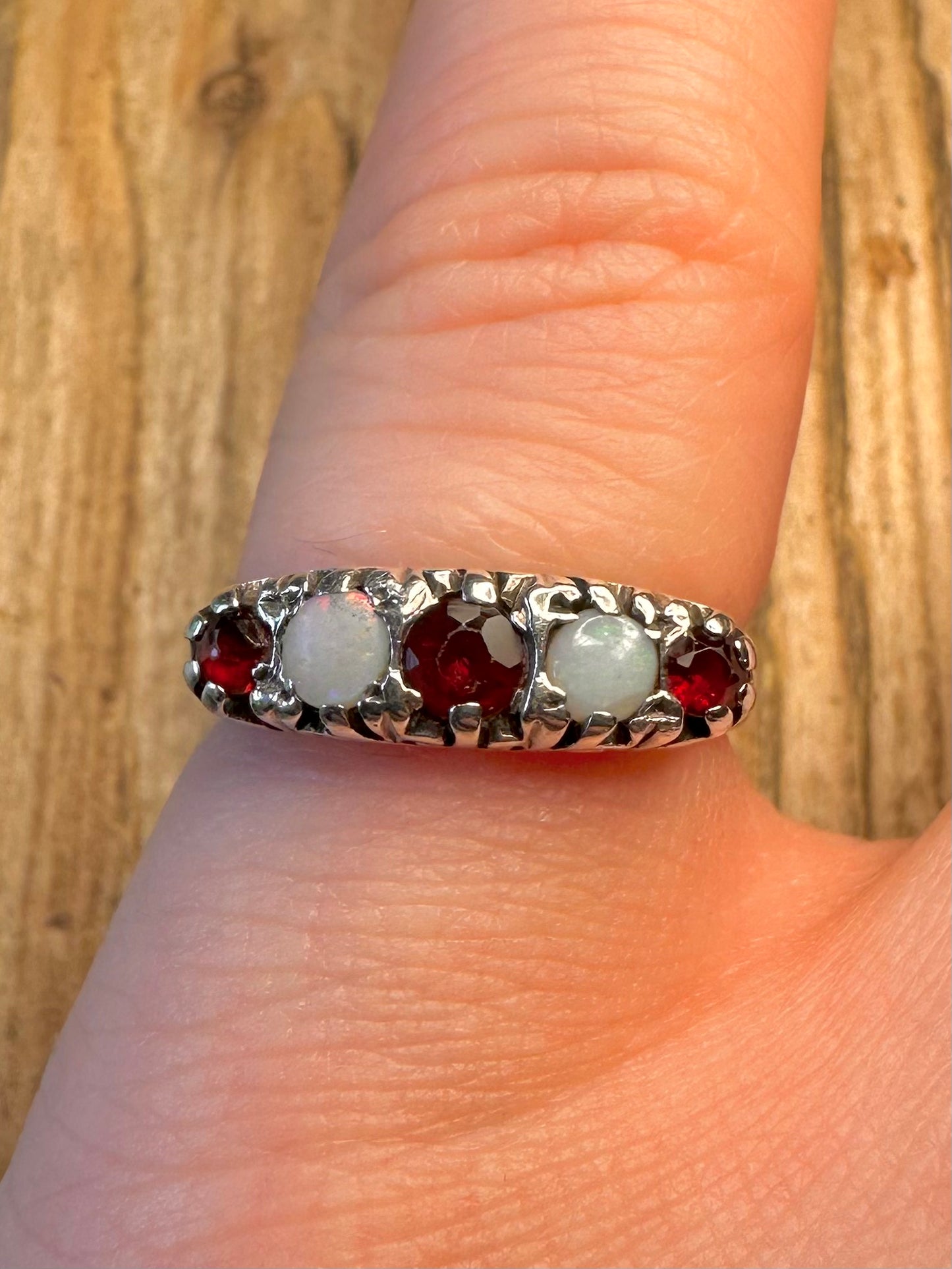 Victorian Style 1979 Opal and Garnet 925 Sterling Silver Size L Ring