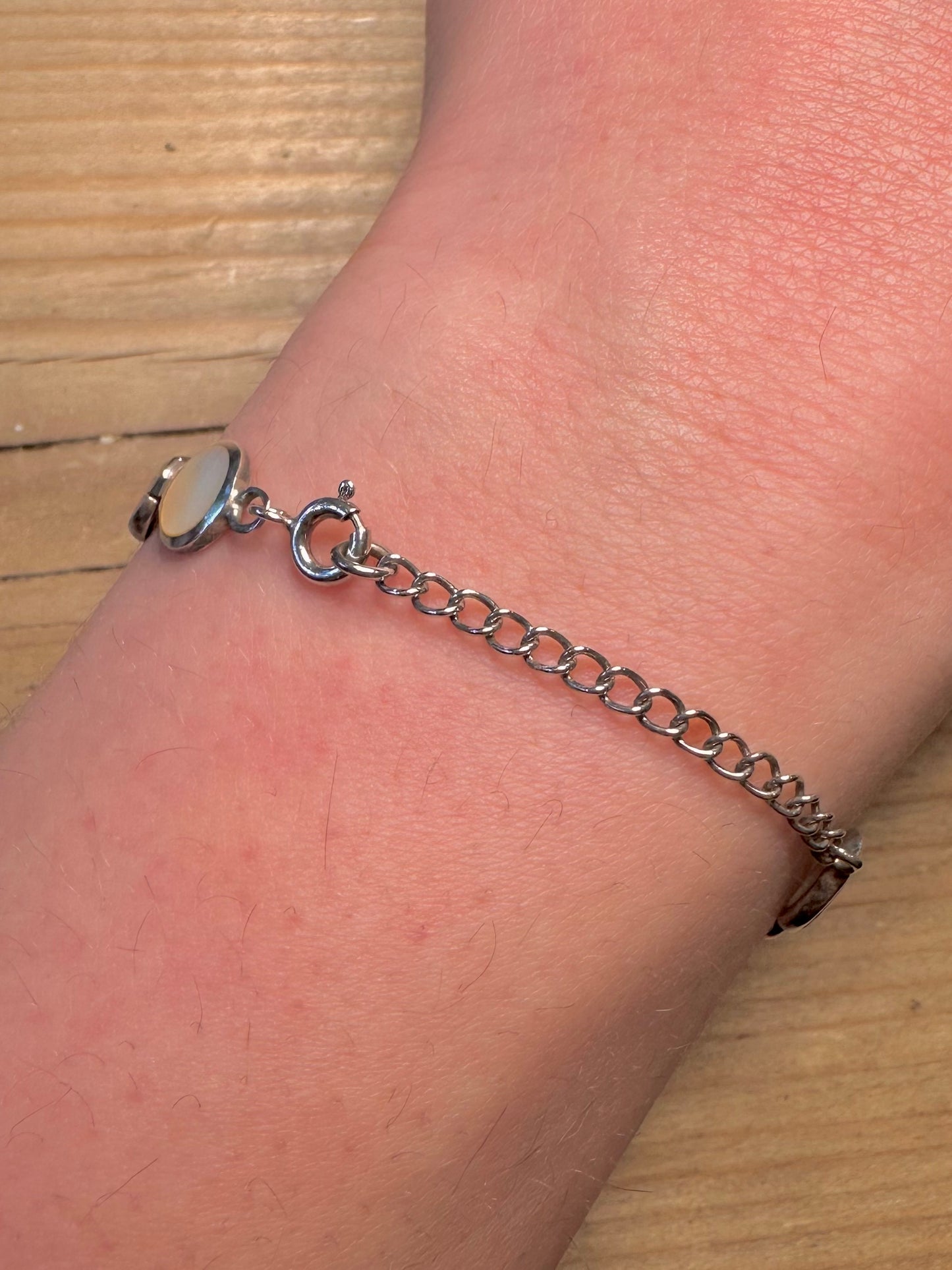 Vintage Mother of Pearl Circle Link 925 Sterling Silver 7.8 inch Bracelet