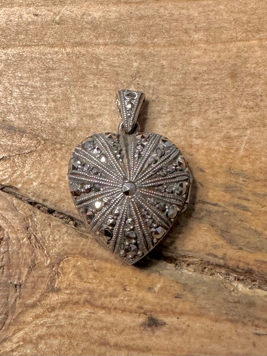 Vintage Heart Marcasite 925 Silver Locket Pendant