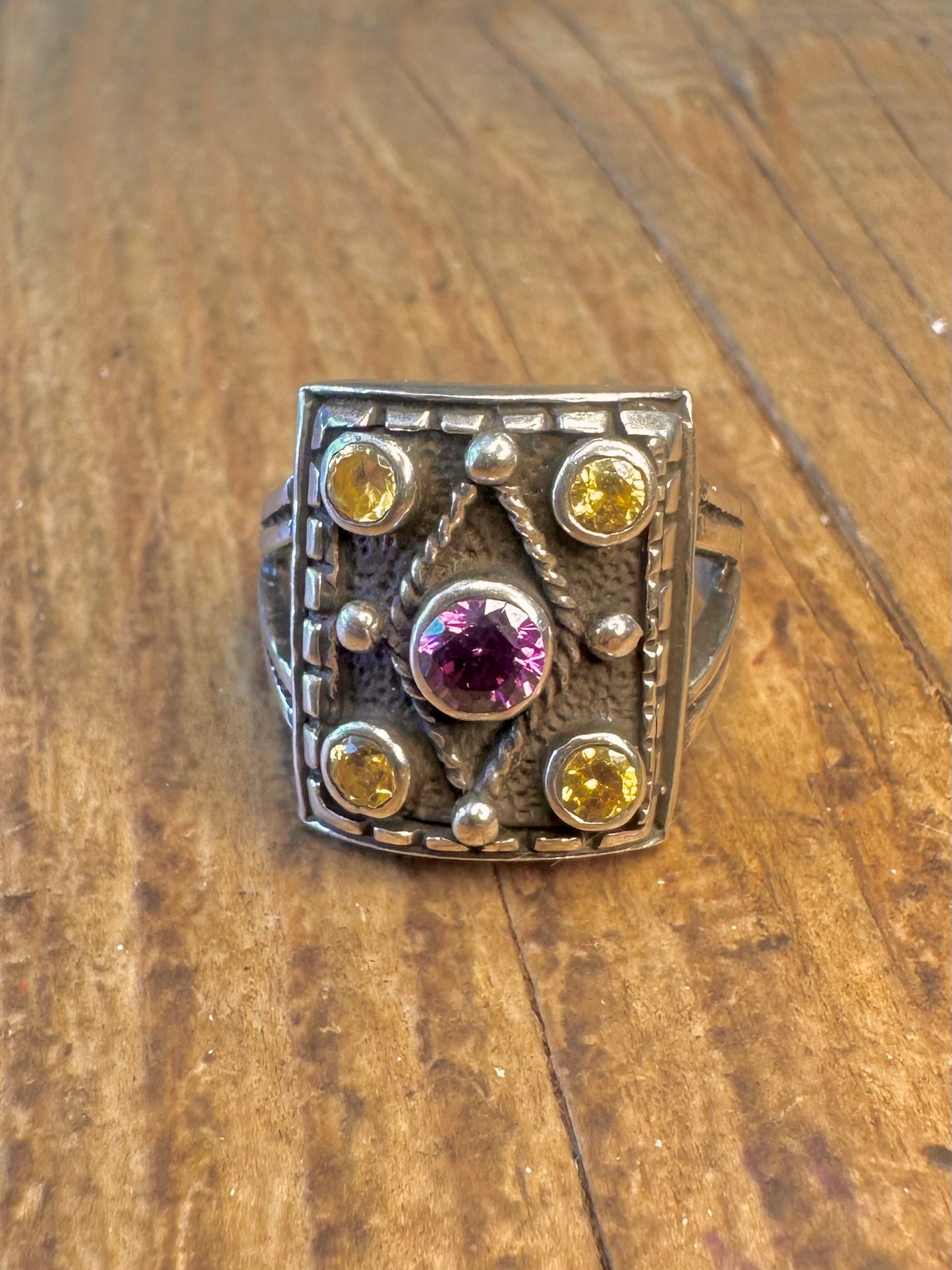Amethyst and Citrine Rectangle Ornate 925 Sterling Silver Size Q Ring