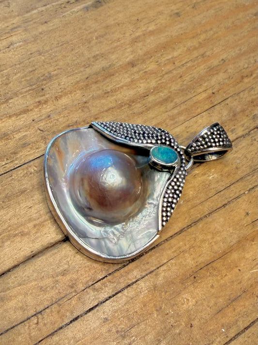 Blister Pearl and Blue Opal Textured 925 Sterling Silver Pendant