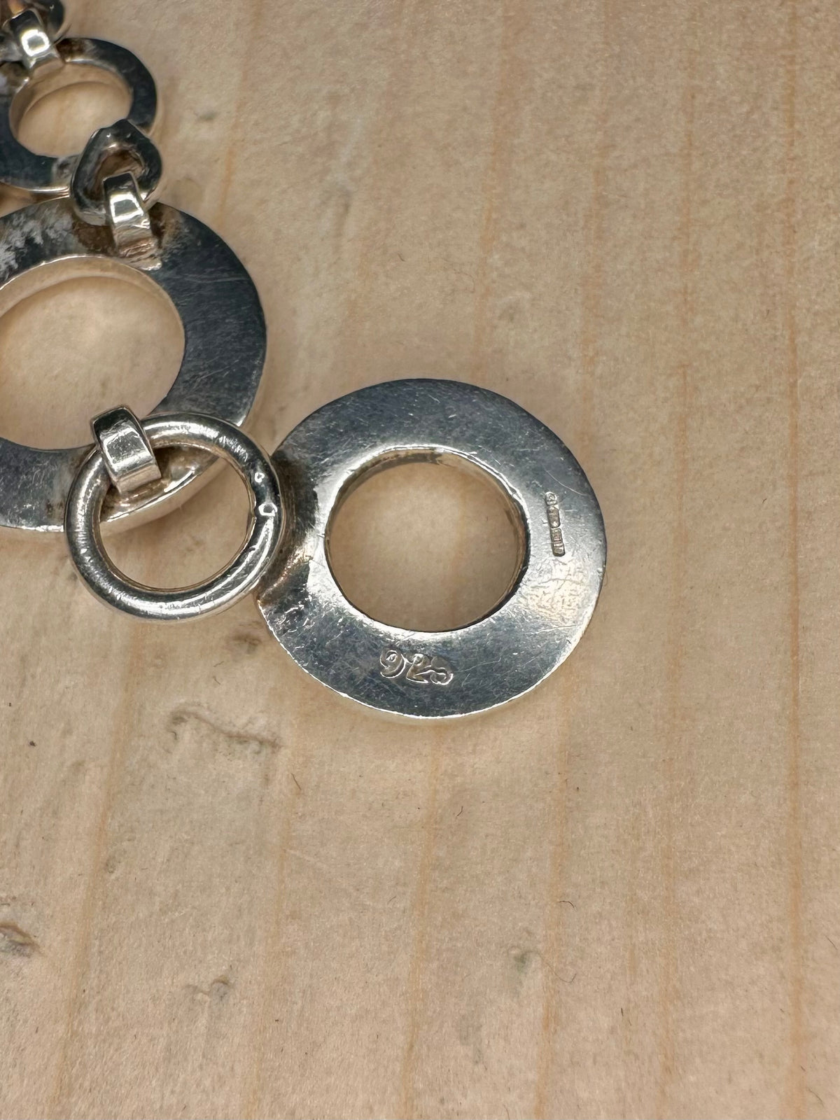 Hammered Circle Link T Bar 925 Sterling Silver 7.4 inch Bracelet