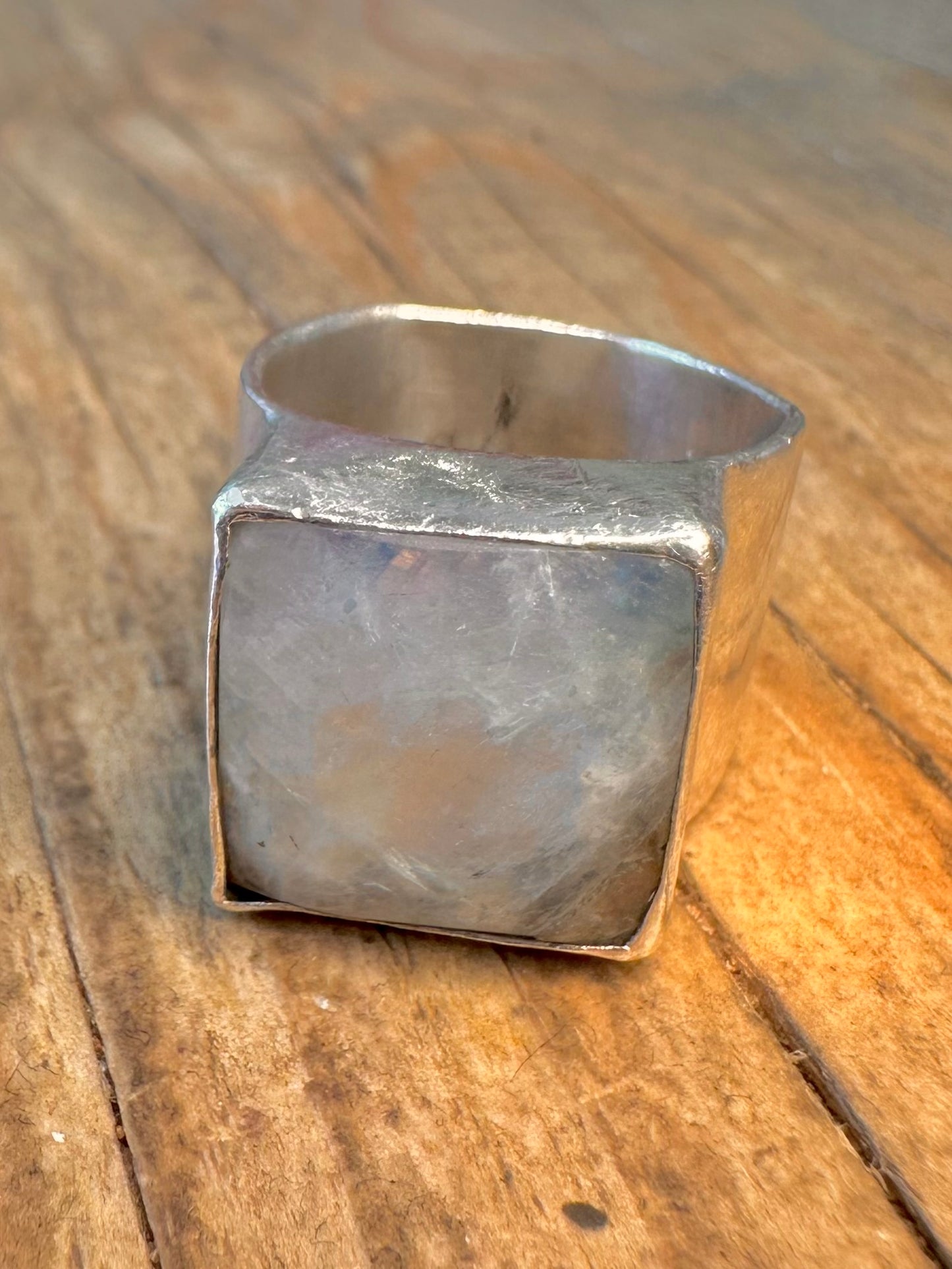Square Rainbow Moonstone 925 Sterling Silver Size N Ring
