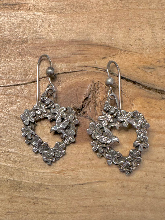 Vintage Floral and Bird 925 Silver Earrings