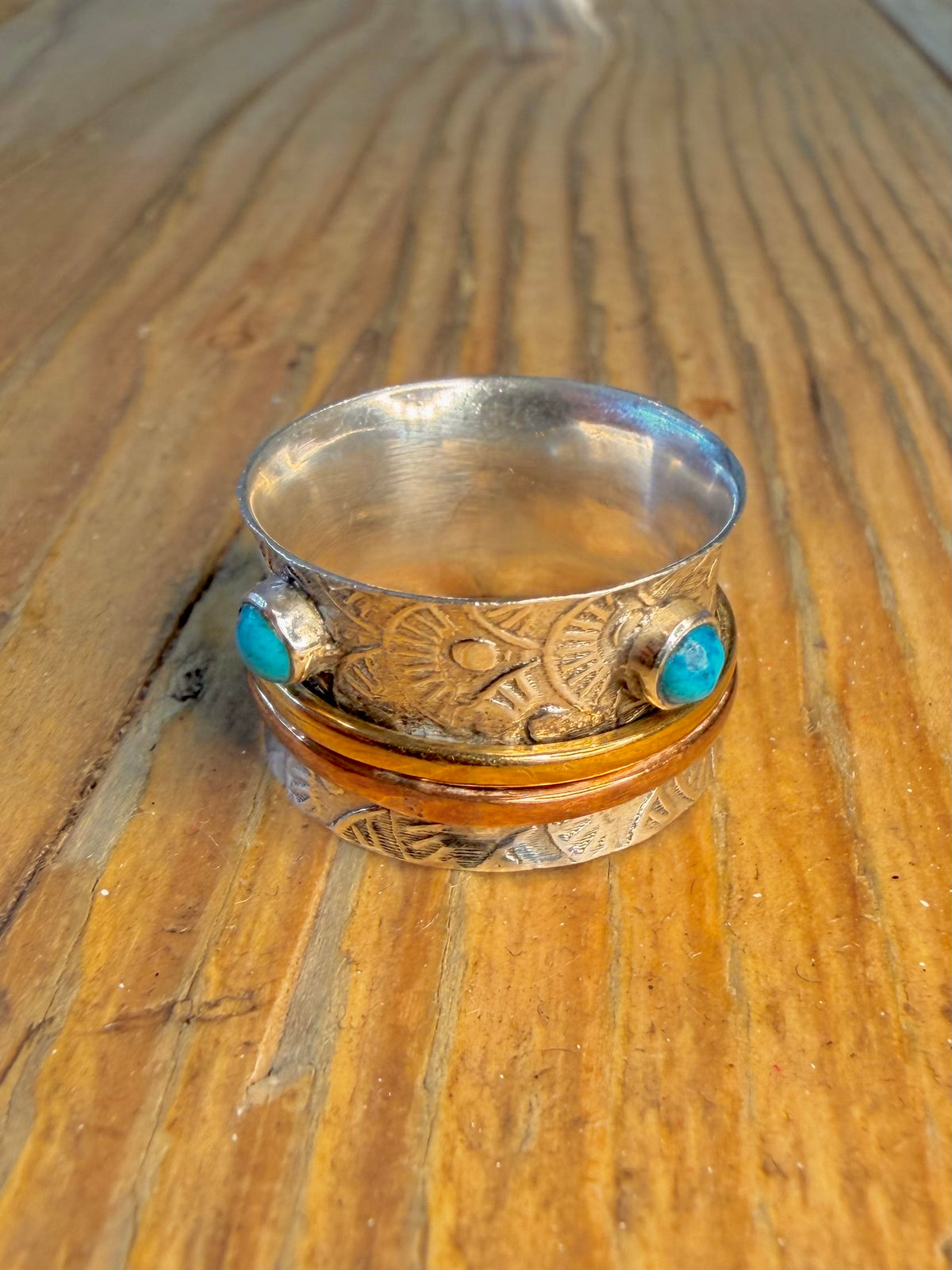 Engraved Band Turquoise with Copper and Brass Spinner Bands 925 Sterling Silver Size O1/2 Ring