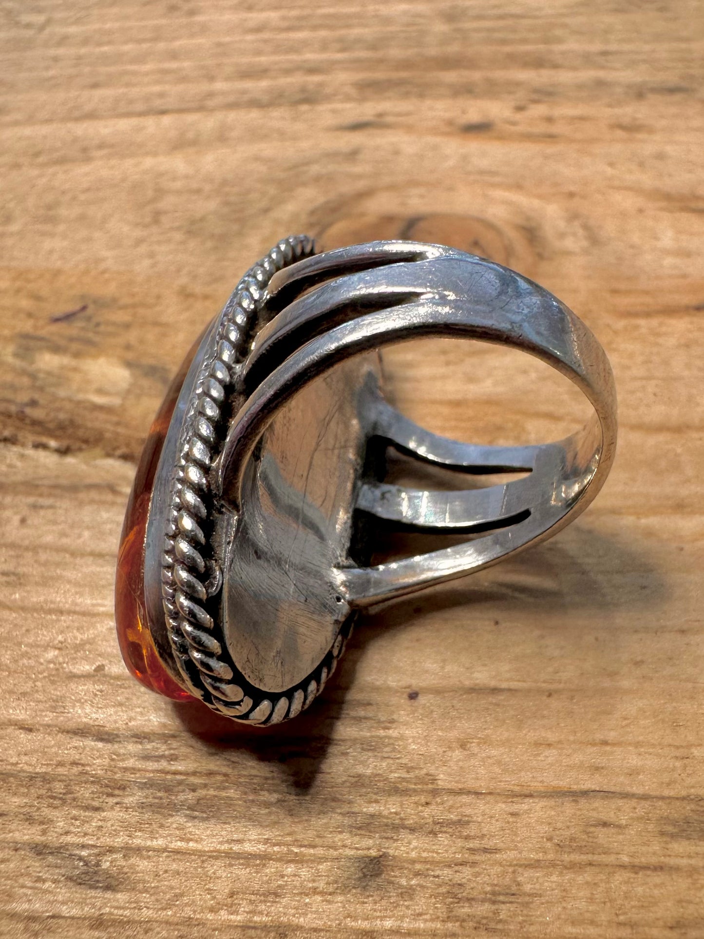 Vintage Large Amber Oval 925 Silver Size K1/2 Ring