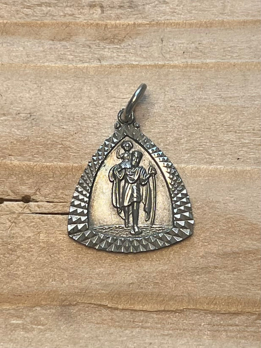 Triangular St Christopher Textured 925 Sterling Silver Pendant