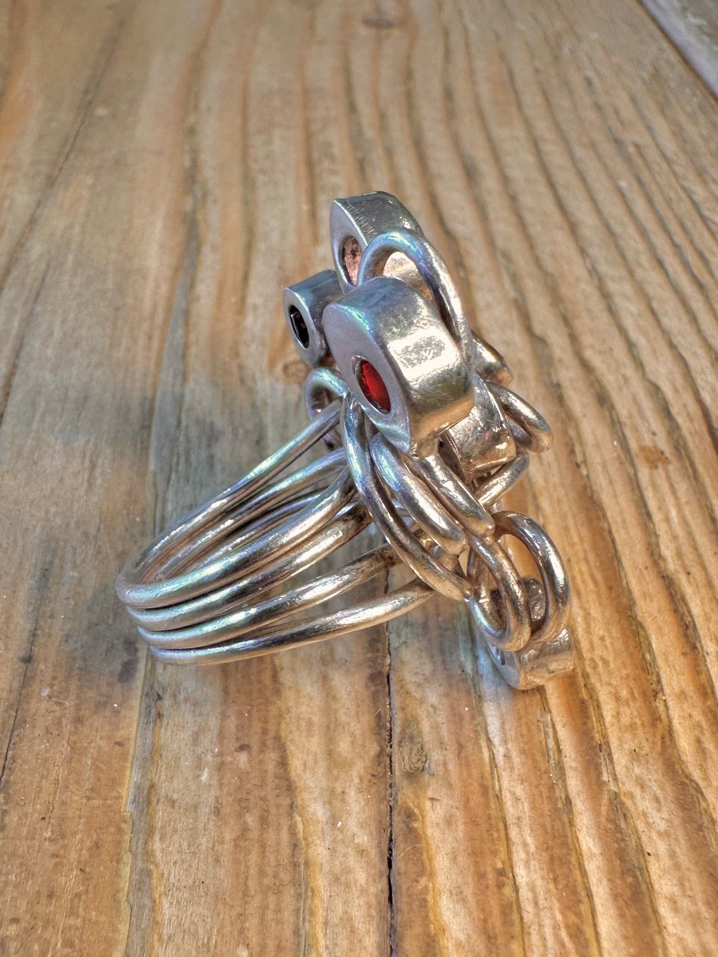 Multi Gemstone Wired Coil Design 925 Sterling Silver Size N Ring